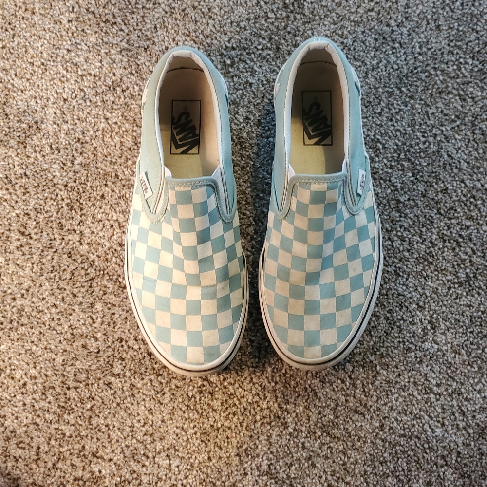 Vans Slip-On Checkerboard Sneakers in Light Blue and White